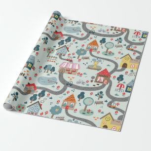 Village Illustrated Map Wrapping Paper