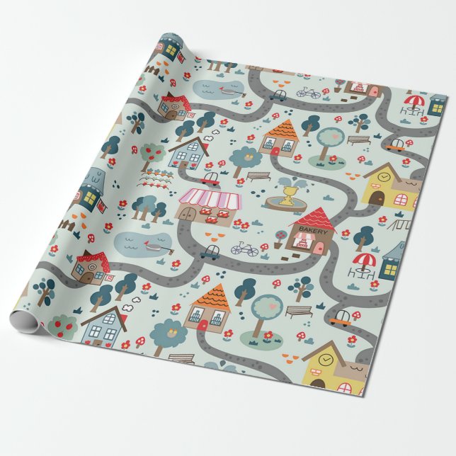 Village Illustrated Map Wrapping Paper (Unrolled)