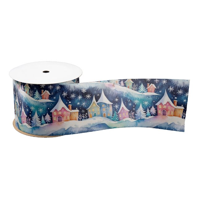Village in a Snowstorm Holiday Satin Ribbon (Spool)