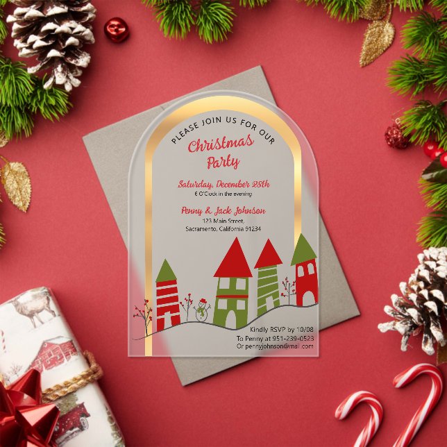 village in the snow at Christmas frosted Acrylic Invitations (Insitu (Holiday))