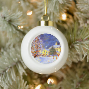 Village in winter ceramic ball christmas ornament
