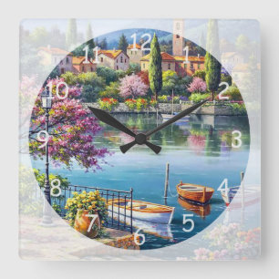 Village Lake Afternoon Fine Art Square Wall Clock