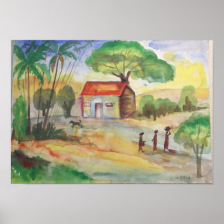 Village Landscape Watercolor – Rural Wall Art