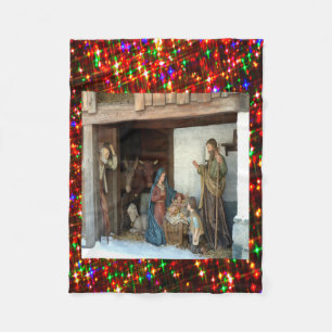 Village Nativity Under Canopy Multi-coloured Stars Fleece Blanket