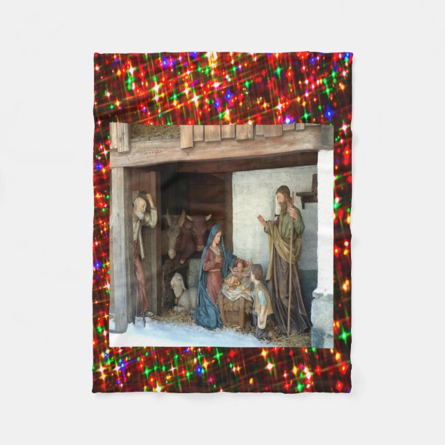 Village Nativity Under Canopy Multi-coloured Stars Fleece Blanket (Front)