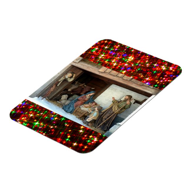 Village Nativity Under Canopy Multi-coloured Stars Magnet (Left Side)