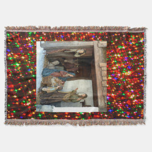 Village Nativity Under Canopy Multi-coloured Stars Throw Blanket