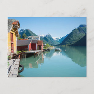 Village of Fjærland and a fjord in Norway postcard