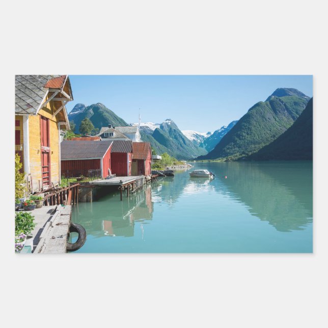 Village of Fjærland and a fjord rectangle sticker (Front)