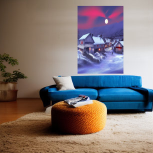 Village on the winter mountain   AI Art Poster