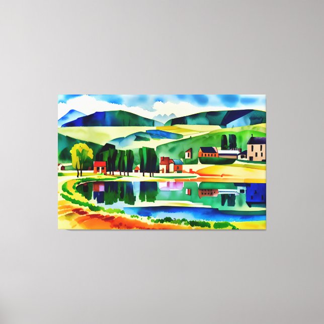 Village Overlooking Tranquil Lake Canvas Print (Front)