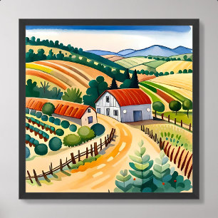 village painting house middle farm field clean air poster