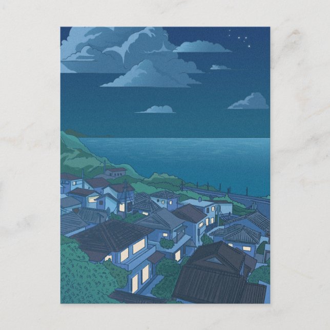Village sea blue night sky Anime  Postcard (Front)