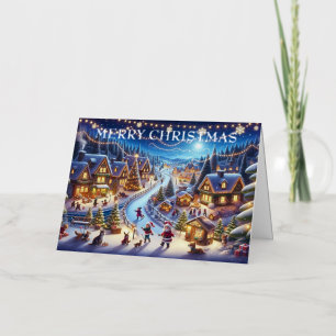 Village Snowy Scene Painting Christmas Foil Holiday Card