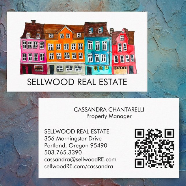 Village Watercolor Real Estate Broker Agent QRCode Business Card (Colorful watercolor houses on this custom real estate business card, add your link to the QR code)