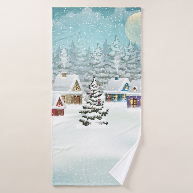 Village winter landscape with snow covered houses  bath towel (Bath Towel)