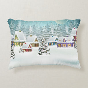 Village winter landscape with snow covered houses decorative cushion