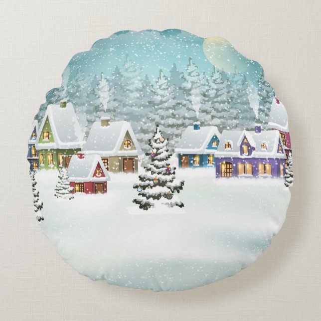 Village winter landscape with snow covered houses  round cushion (Front)