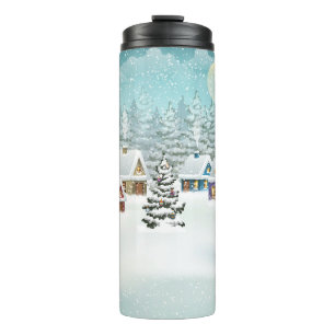Village winter landscape with snow covered houses  thermal tumbler