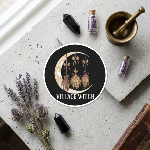 Village Witch Crescent Moon Broomsticks Gothic Art Classic Round Sticker