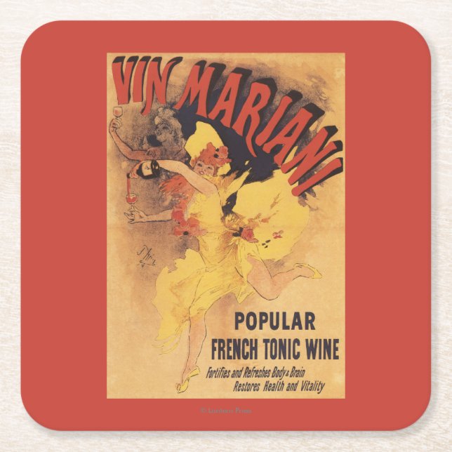 Vin Mariani Dancing Girl Pouring Wine Square Paper Coaster (Front)