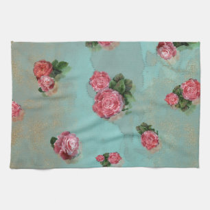 Vinage Flower Roses floral blue pink nostalic Tea Towel