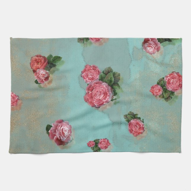 Vinage Flower Roses floral blue pink nostalic Tea Towel (Horizontal)
