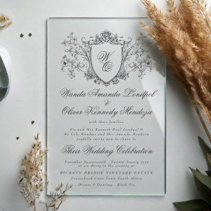 Vinatage Floral Crest Cream Charcoal Wedding Acrylic Invitations