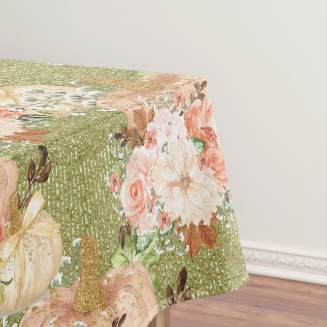 Vinatge Elegant Green Pumpkin Flowers Stripes Tablecloth (In Situ)