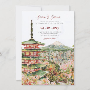 Vinatge Watercolor Japanese Landscape Wedding Invitation