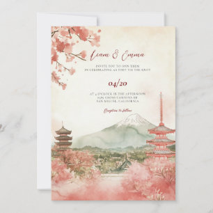 Vinatge Watercolor Japanese Landscape Wedding Invitation