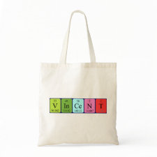 Bag featuring the name Vincent spelled out in symbols of the chemical elements