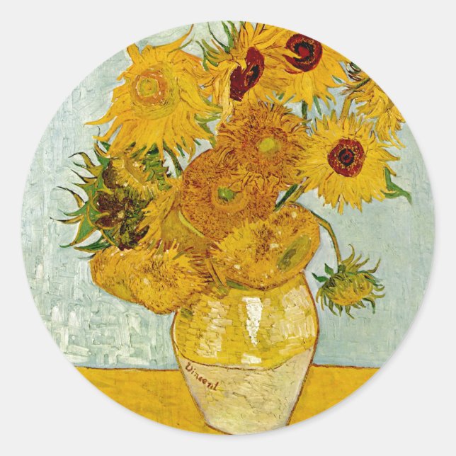 Vincent Van Gogh 12 Sunflowers Impressionist Classic Round Sticker (Front)