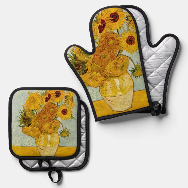 Vincent Van Gogh 12 Sunflowers Impressionist Oven Mitt & Pot Holder Set (Front/Back)