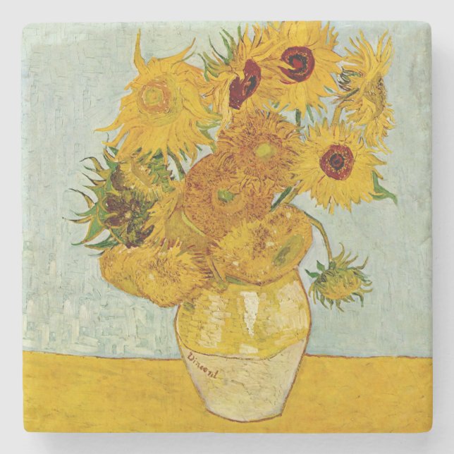 Vincent Van Gogh 12 Sunflowers Impressionist Stone Coaster (Front)