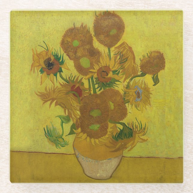 Vincent Van Gogh 15 Sunflowers Painting Glass Coaster (Front)