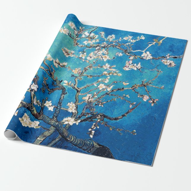 Vincent Van Gogh Almond Blossoms Bright Turquoise Wrapping Paper (Unrolled)