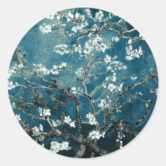 Vincent Van Gogh Almond Blossoms Dark Teal Classic Round Sticker (Front)