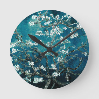 Vincent Van Gogh Almond Blossoms Dark Teal Round Clock