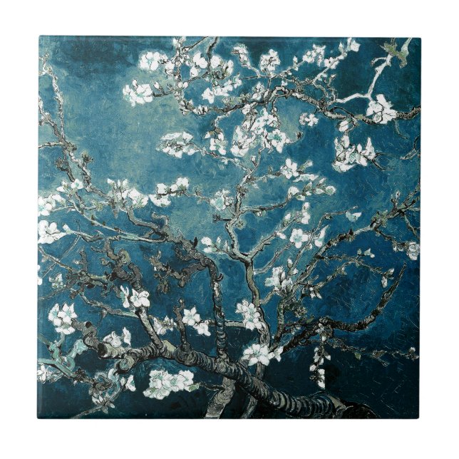 Vincent Van Gogh Almond Blossoms Dark Teal Tile (Front)