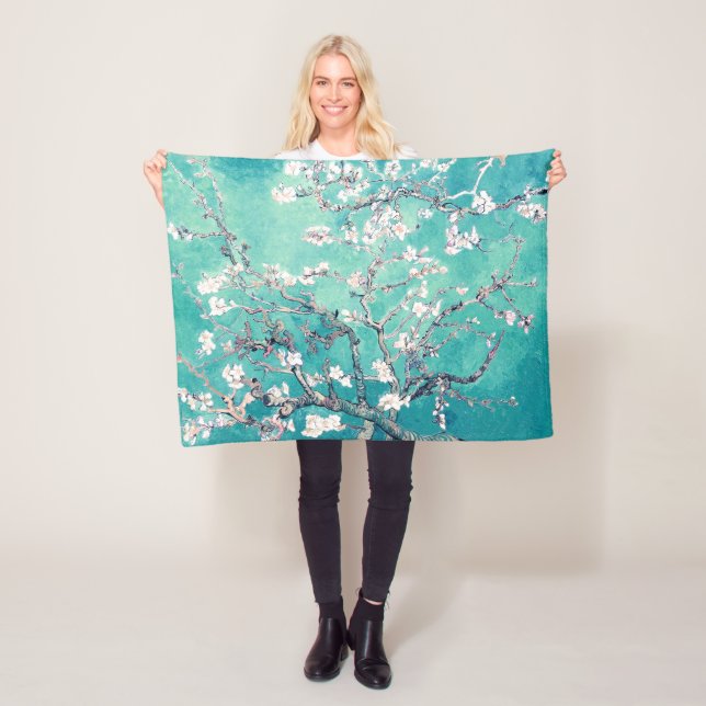 Vincent Van Gogh Almond Blossoms Turquoise Fleece Blanket (In Situ)