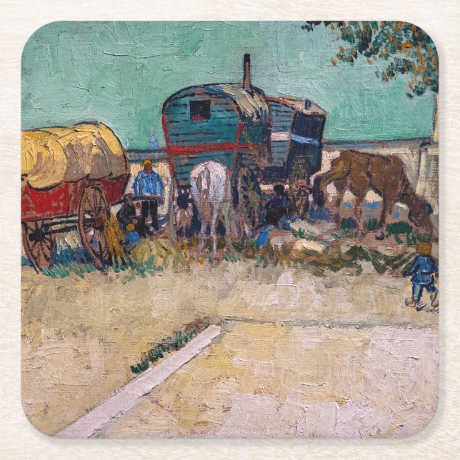 Vincent Van Gogh - Caravans, Gypsy Camp near Arles Square Paper Coaster (Front)