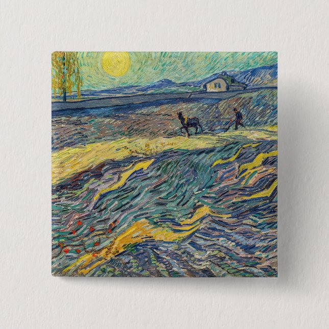 Vincent van Gogh - Field with ploughing farmers 15 Cm Square Badge (Front)