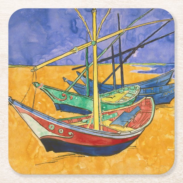 Vincent van Gogh - Fishing Boats on the Beach Square Paper Coaster (Front)