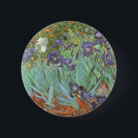 Vincent van Gogh - Irises 6 Cm Round Badge<br><div class="desc">Irises (1889) by Van Gogh is a vintage post impressionism fine art floral nature painting. A group of purple bearded irises and a single white iris flower growing in a garden. It was one of his first paintings while he was at the asylum in Saint-Remy-de-Provence. In 1987 it became the...</div>