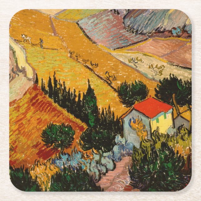 Vincent van Gogh - Landscape, House and Ploughman Square Paper Coaster (Front)