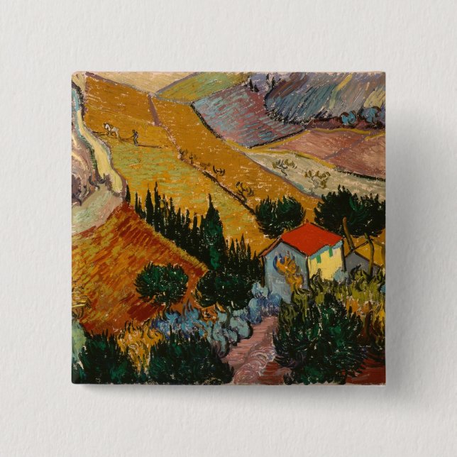 Vincent van Gogh | Landscape w/ House & Ploughman 15 Cm Square Badge (Front)