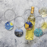 Vincent van Gogh Masterpiece Paintings Wine Charm<br><div class="desc">A set of wine charms with landscapes by Vincent van Gogh (1853-1890) a Dutch artist,  including Starry Night (1889),  Starry Night over the Rhone (1888),  Cafe Terrace (1888) and Blossoming Almond Tree (1890),  some of his most well-known paintings.</div>