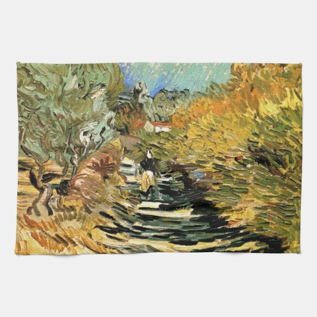 Vincent van Gogh Road at Saint-Remy, Female Figure Tea Towel (Horizontal)