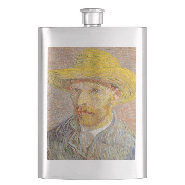 Vincent Van Gogh Self Portrait Straw Hat Hip Flask (Front)